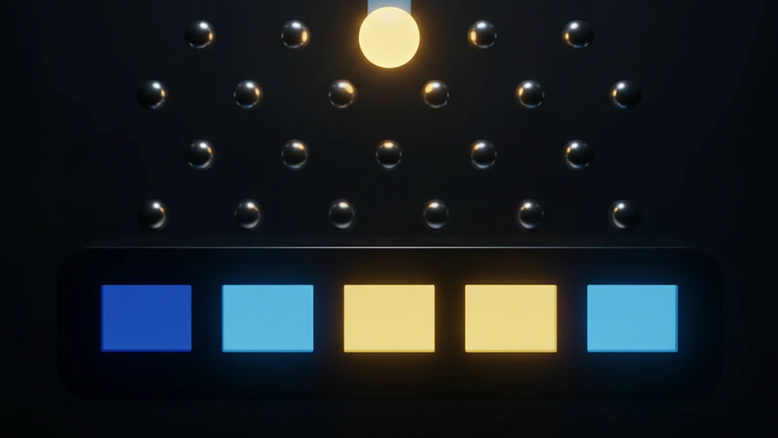 Plinko board with a ball dropping through rows of pegs